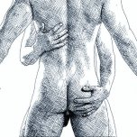 Two naked men hugging tight - ink drawing