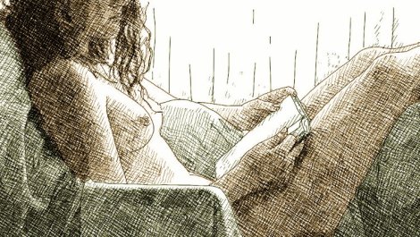 naked girls reading a book (ink drawing)
