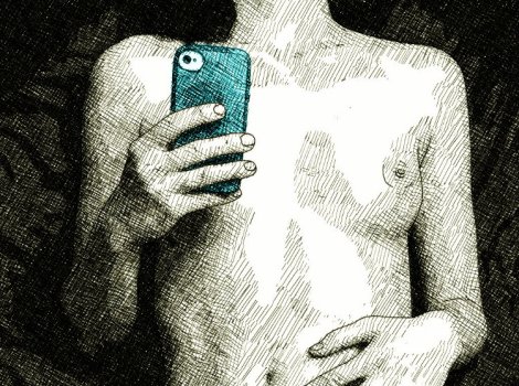 nude woman texting (pen and ink digital drawing)