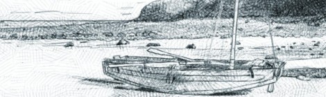 digital pencil drawing of a wooden sailboat stranded at low tide with boulders in the foreground