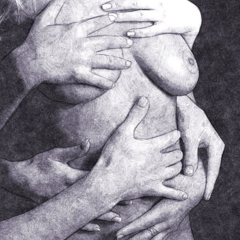 dessin numérique au crayon mains sur un buste de femme