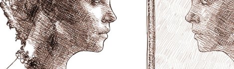 Portrait numérique à l'encre : Charlize Theron en reine de Blanche Neige, devant son miroir