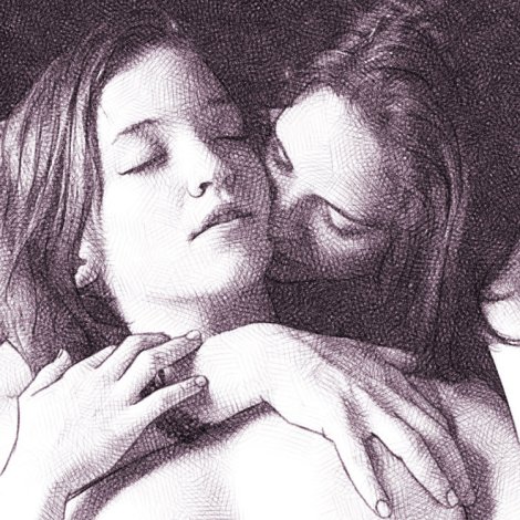 Pencil drawing - one girl kissing another girl on the cheek